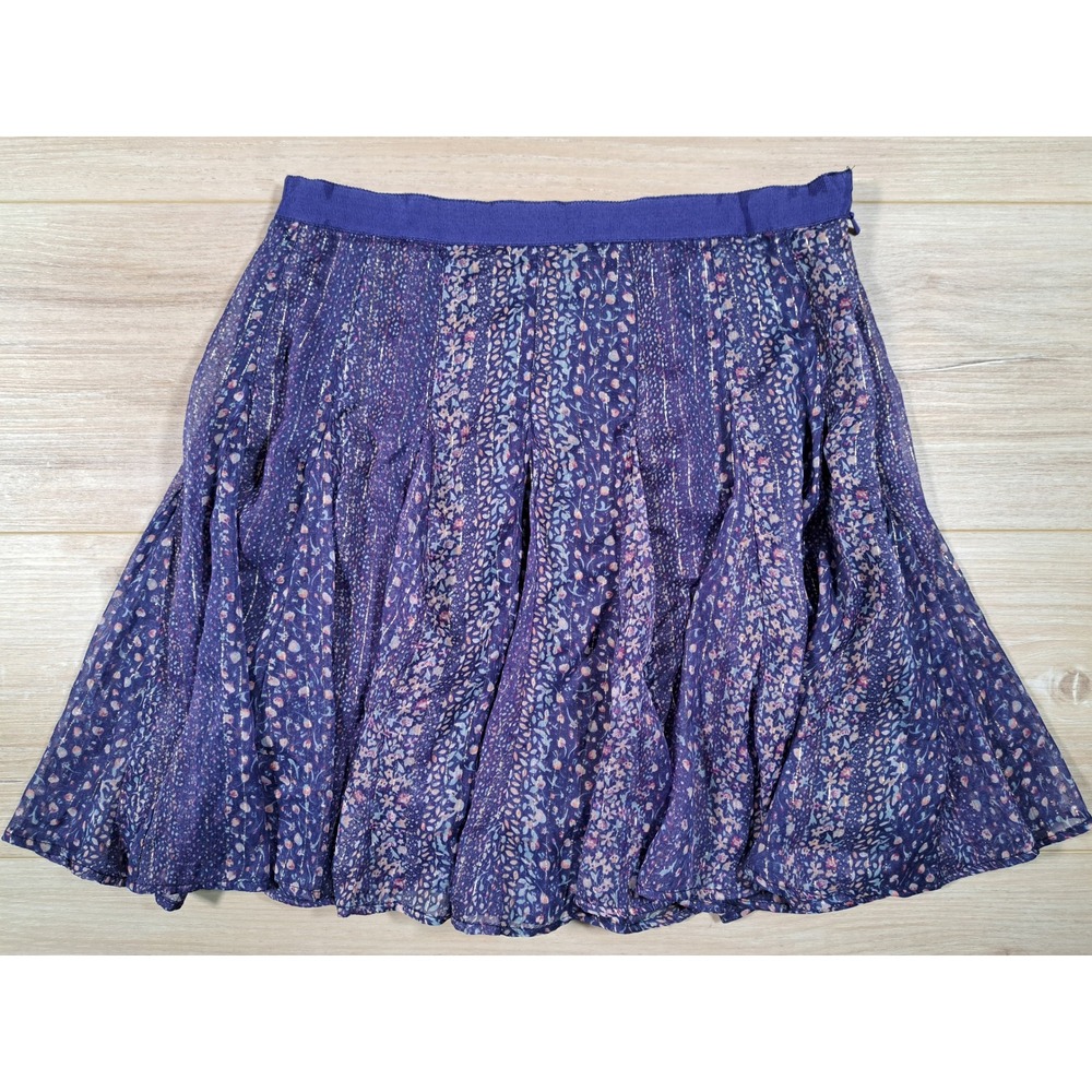 American Eagle Purple Floral Pleated Mini Skirt‎ Metallic Gold Stripe Size 2